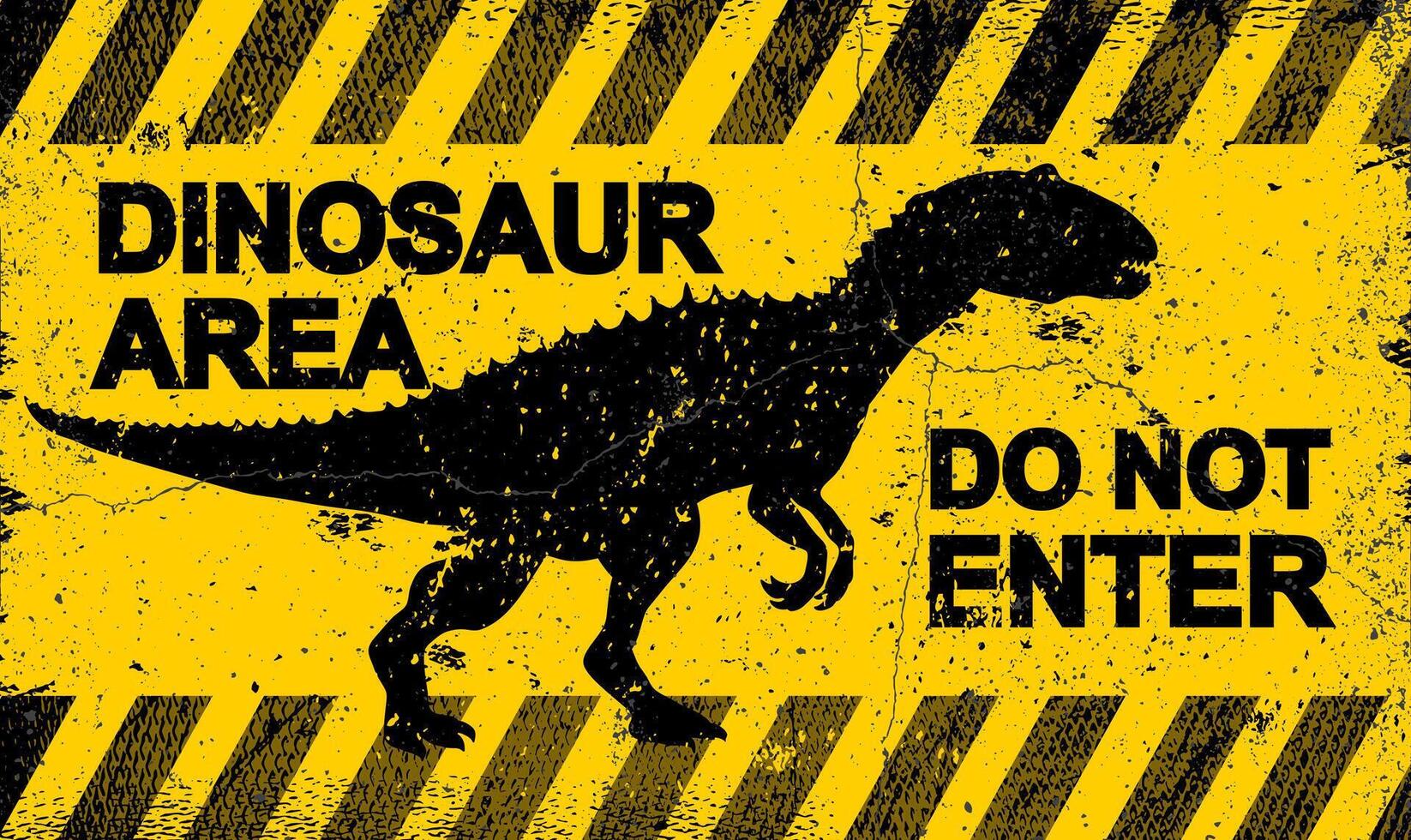 Warning sign featuring dinosaur. Grunge metal signboard for danger zone, poster. Dinosaur area sign with Do Not Enter warning on grunge yellow plate with scratches. Caution or trespassing. vector