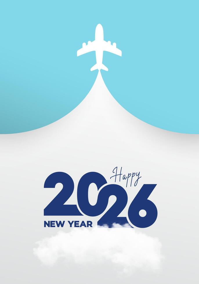 Travel concept 2026. Merry Christmas and Happy New Year, destination with 2026 itinerary. The plane left a trace of the New Year tree. New Years trip logo. illustration. vector
