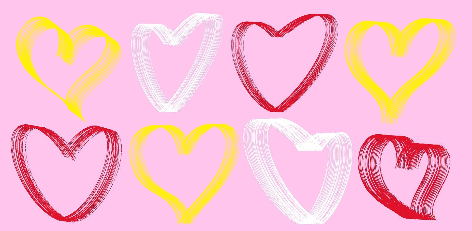 Red, yellow, white hearts romantic abstract dry brush on canvas background, drawn bold colored hearts. retro for Valentine's day. Love motif. Set hearts romantic abstract dry brush on canvas. vector