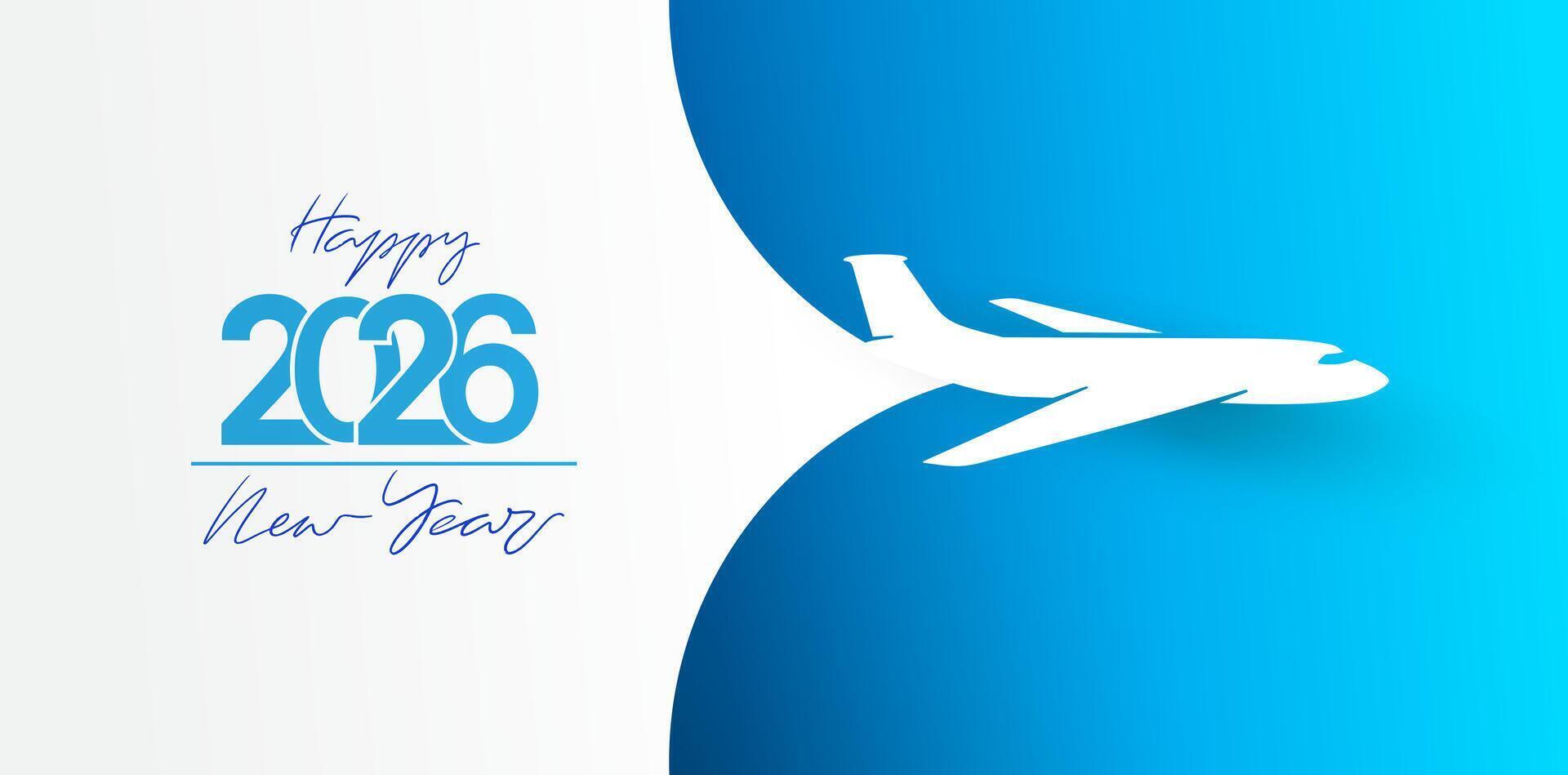 Travel concept 2026. Merry Christmas and Happy New Year, destination with 2026 itinerary. The plane left a trace of the New Year tree. New Years trip logo. vector