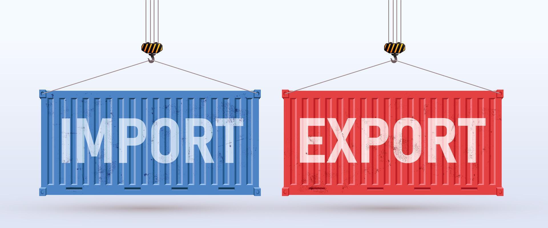 Two cargo containers with import and export. Red and blue containers with scuffs and scratches. Trade with foreign countries. containers isolated on white background. vector