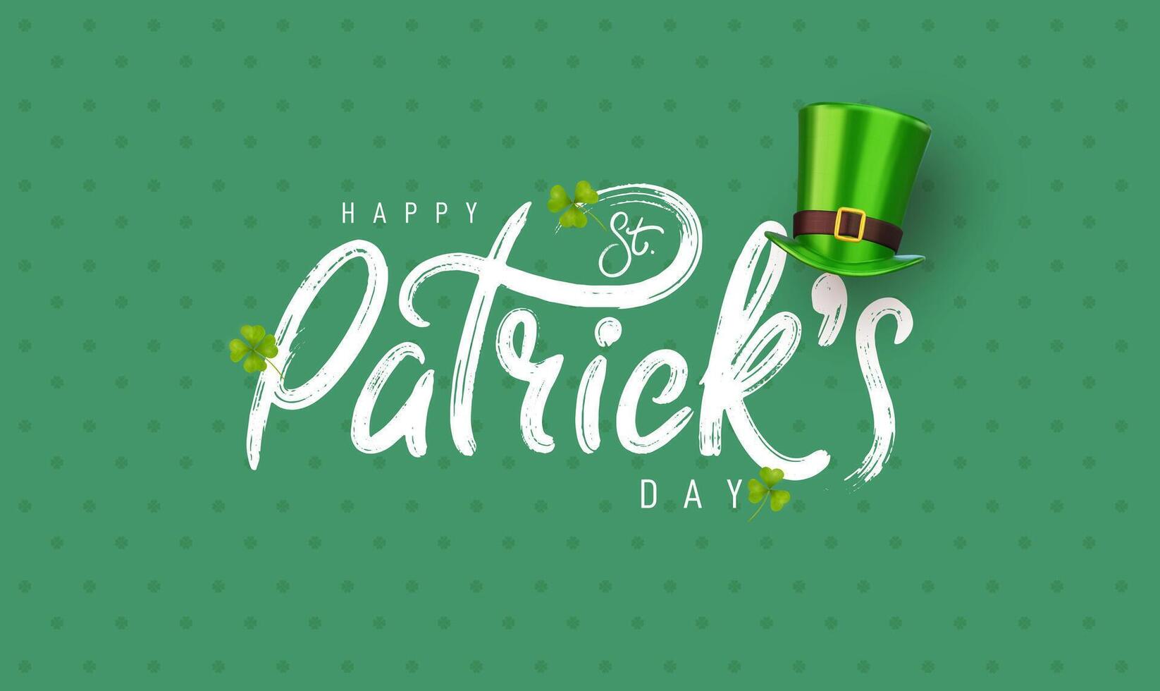 Happy Saint Patrick's Day logotype. Irish celebration design. Beer festival lettering typography icon. Drawn typography badge with green hat and shamrock. elements isolated on green background. vector