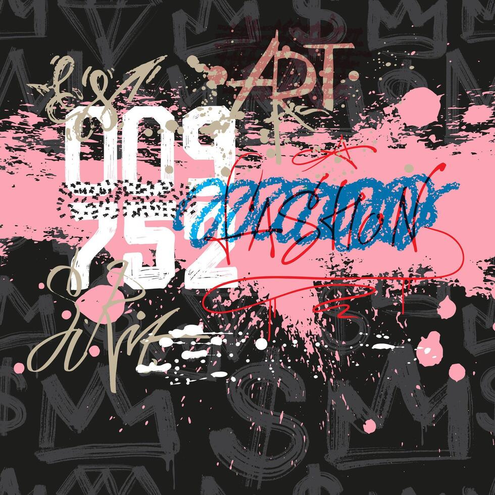 Urban art typography street graffiti. Crown, dollar sign, pink paint splatter. Hand drawn print bold with spray effect for grunge graphic tee t shirt or sweatshirt. Template grunge illustration vector