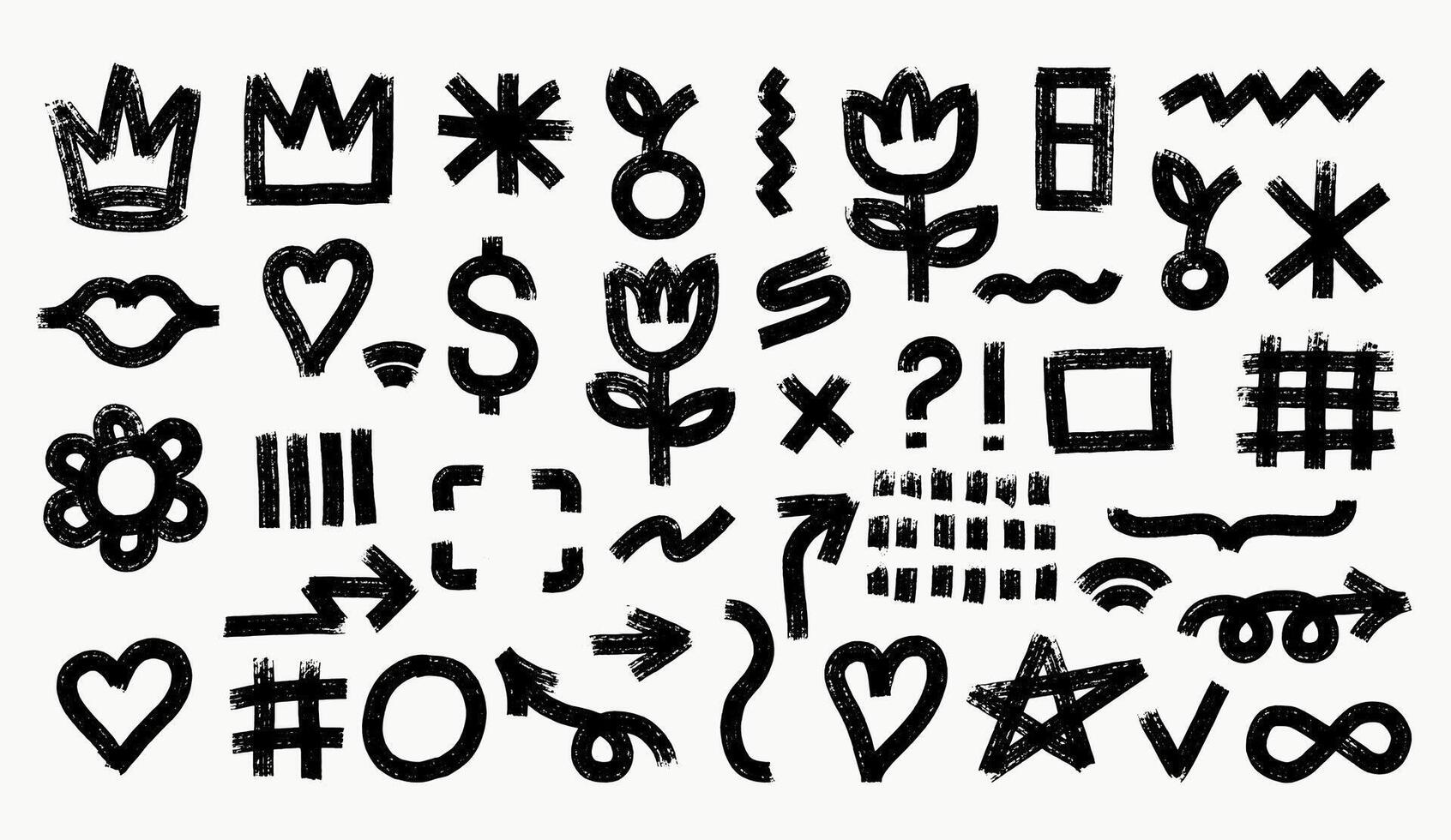 Big set of black charcoal graffiti doodle punk and girly shapes. Collection of bold marker brush drawn various doodle elements for design, collages, illustration. punk and grunge style. vector