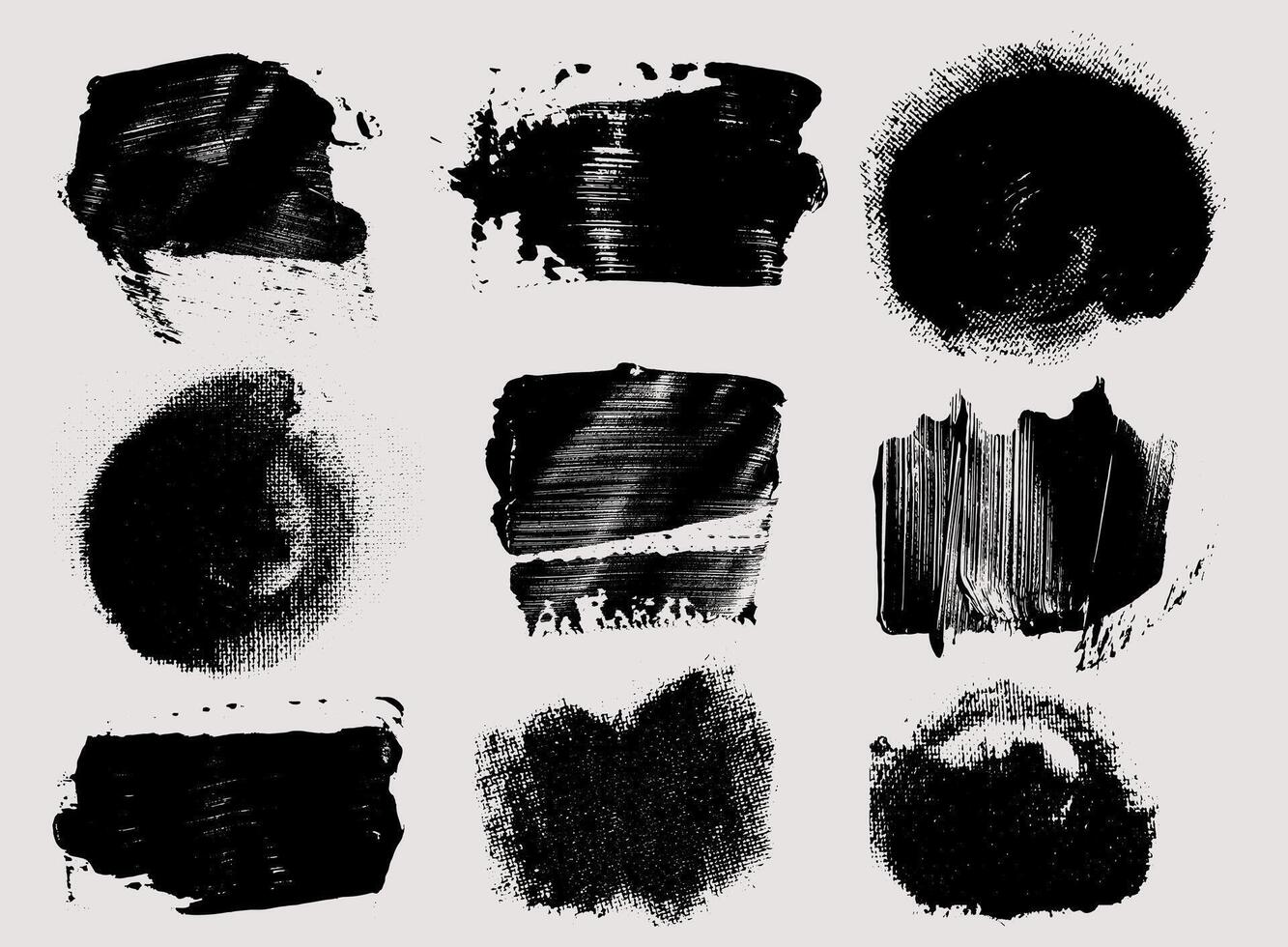 Set of brush strokes bundle. collection of paintbrush. Black round text boxes and grunge blotches. Splatters elements. Dirty distress texture banners. Ink painted shapes dry brush on canvas. vector