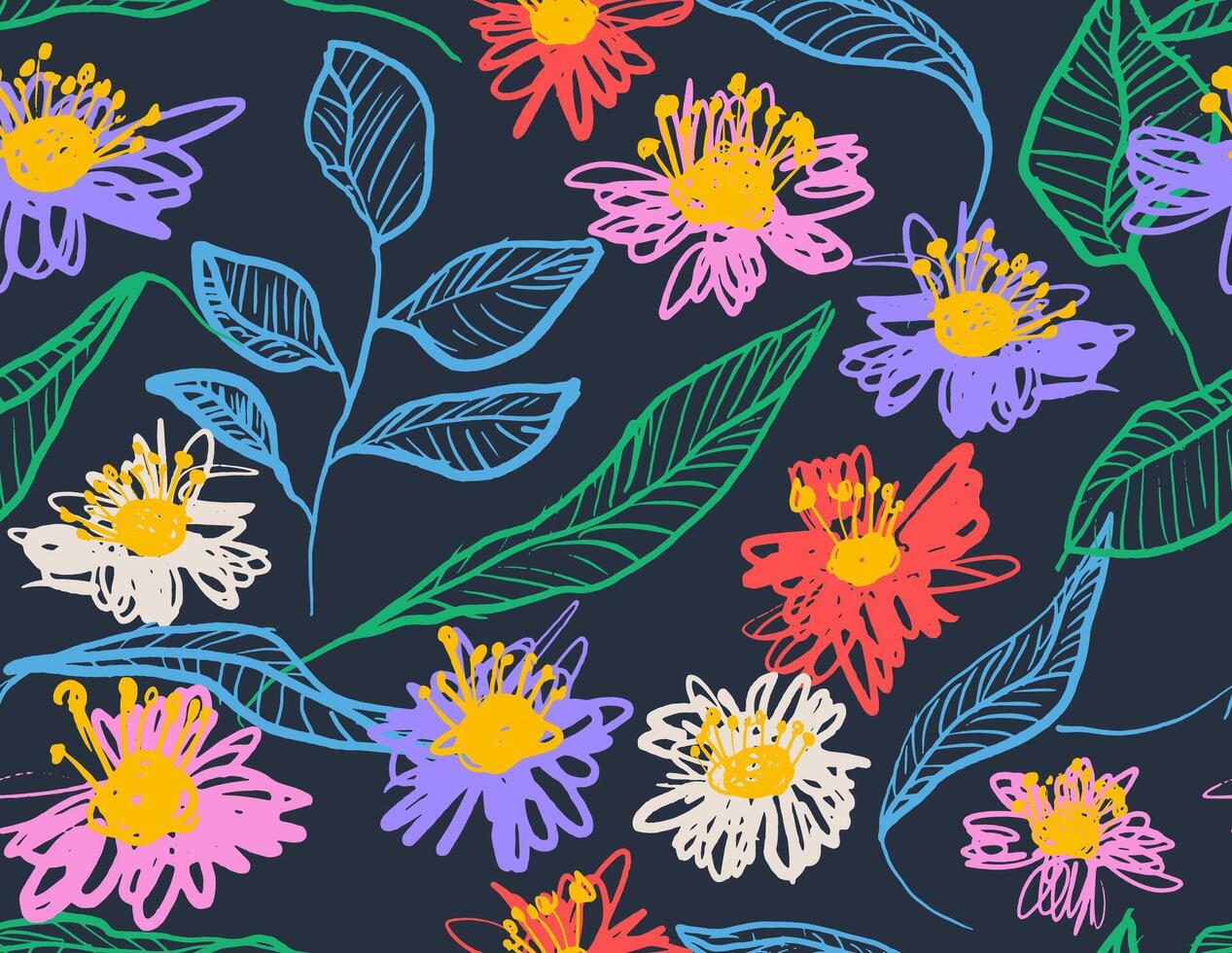 Hand drawn colored flowers seamless pattern with brush style, ink texture on white background. Grunge floral pattern. flower pattern, illustration. Template colored brush pattern. vector