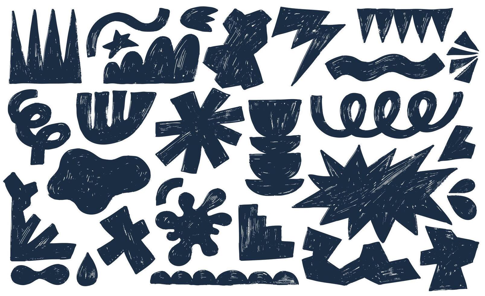 Abstract geometric shapes, stars, arch, cloud, grunge figures drawn by crayon set. Kids doodle figures, squiggly, arrow, crown, flower, primitive elements. Modern native abstract design aesthetic. vector