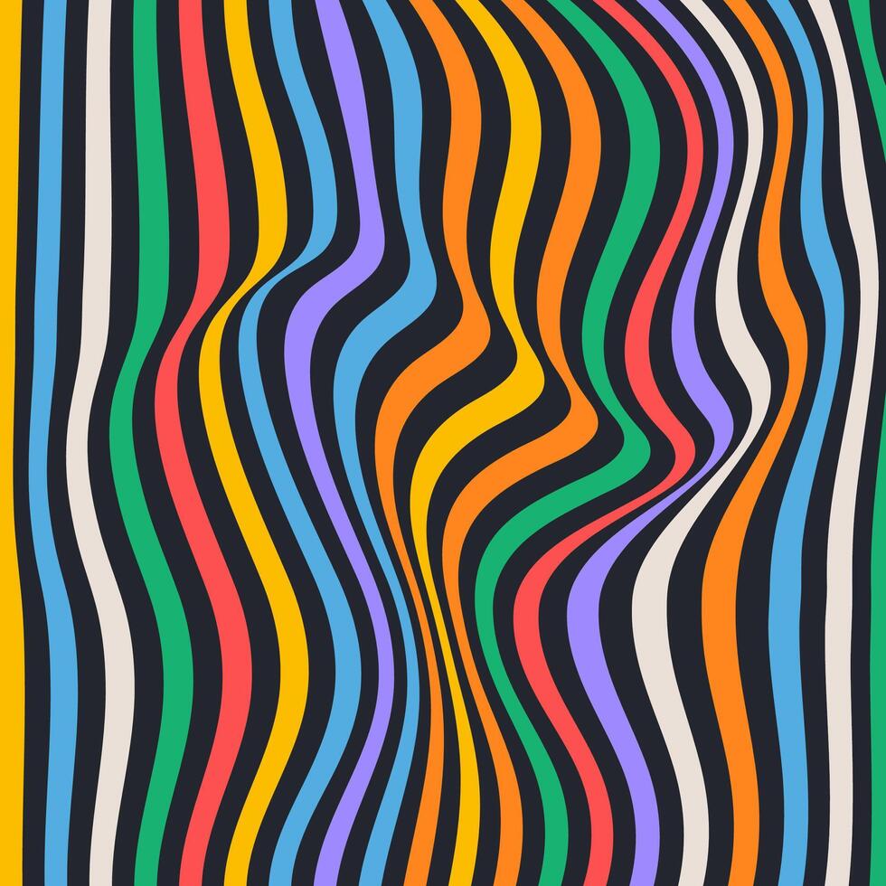 Optical art. Wave colored oblique smooth lines pattern . Smooth lines pattern on black background. Psychedelic background, optical illusion. Colorful modern design, graphic texture. vector
