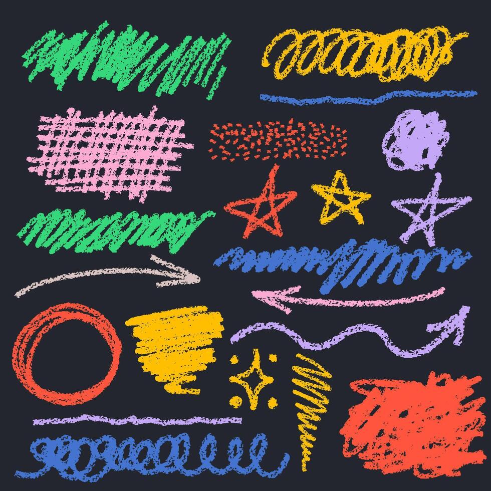 Set of colorful charcoal graffiti doodle shapes. Hand drawn grunge scribbles, squiggles, creative various shapes, pencil drawn icons kids stile. Scribbles, arrows, scrawls, stars, arrows, curly lines. vector