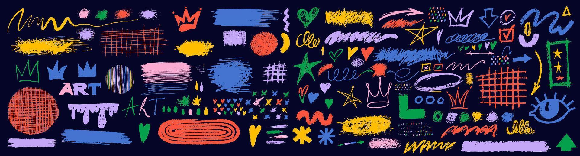 Colored charcoal graffiti doodle punk and girly shapes. Set of colorful hand drawn abstract, squiggles, creative shapes, pencil drawn icons. design scribbles, scrawls, curly lines, stars, crown vector