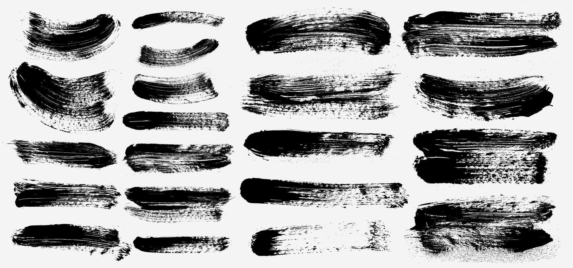 Set of dry paint, rectangular ink brush stroke and shapes. Black dirty grunge design element, box or background for text. Template grungy smears and rough stains. Hand drawn ink canvas art. vector