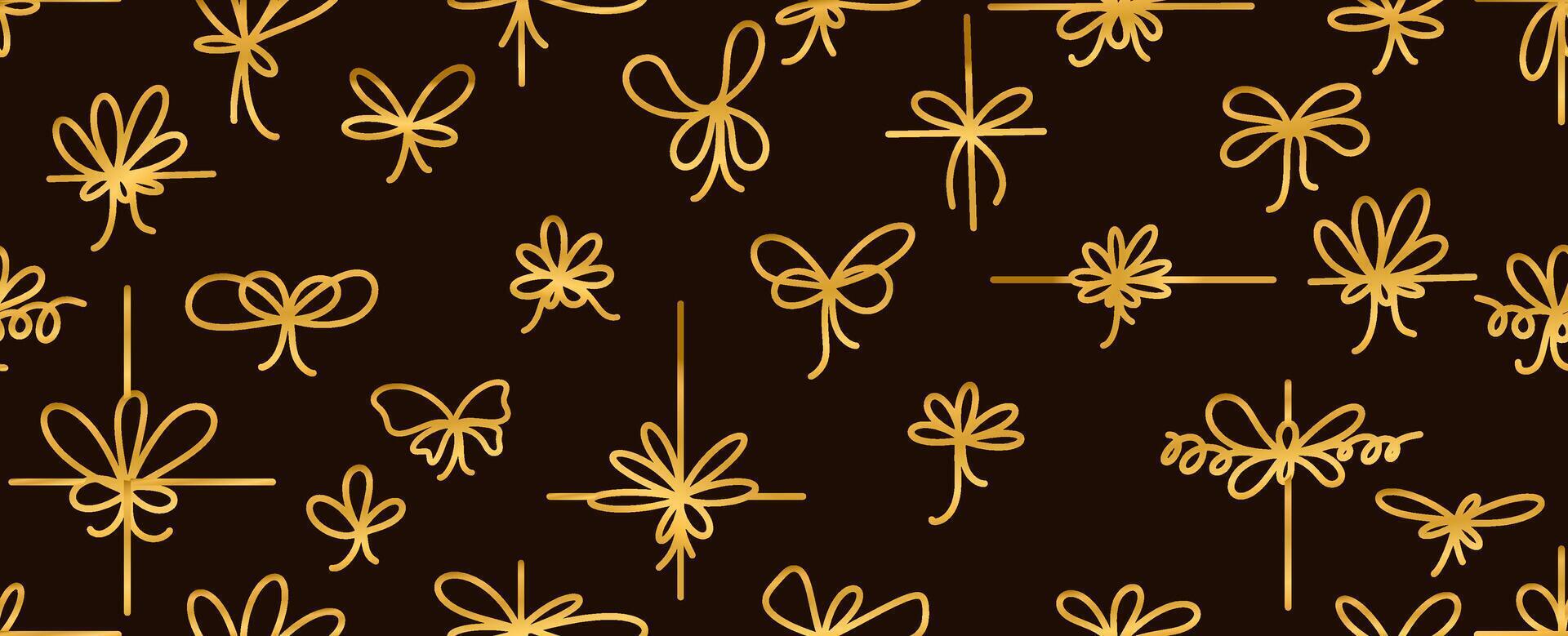Bow gift gold ribbon line simple element seamless pattern. Hand drawn goldendoodle stroke ribbon bow. Template elegant, luxury minimal line stroke style. Design for holidays. seamless pattern vector
