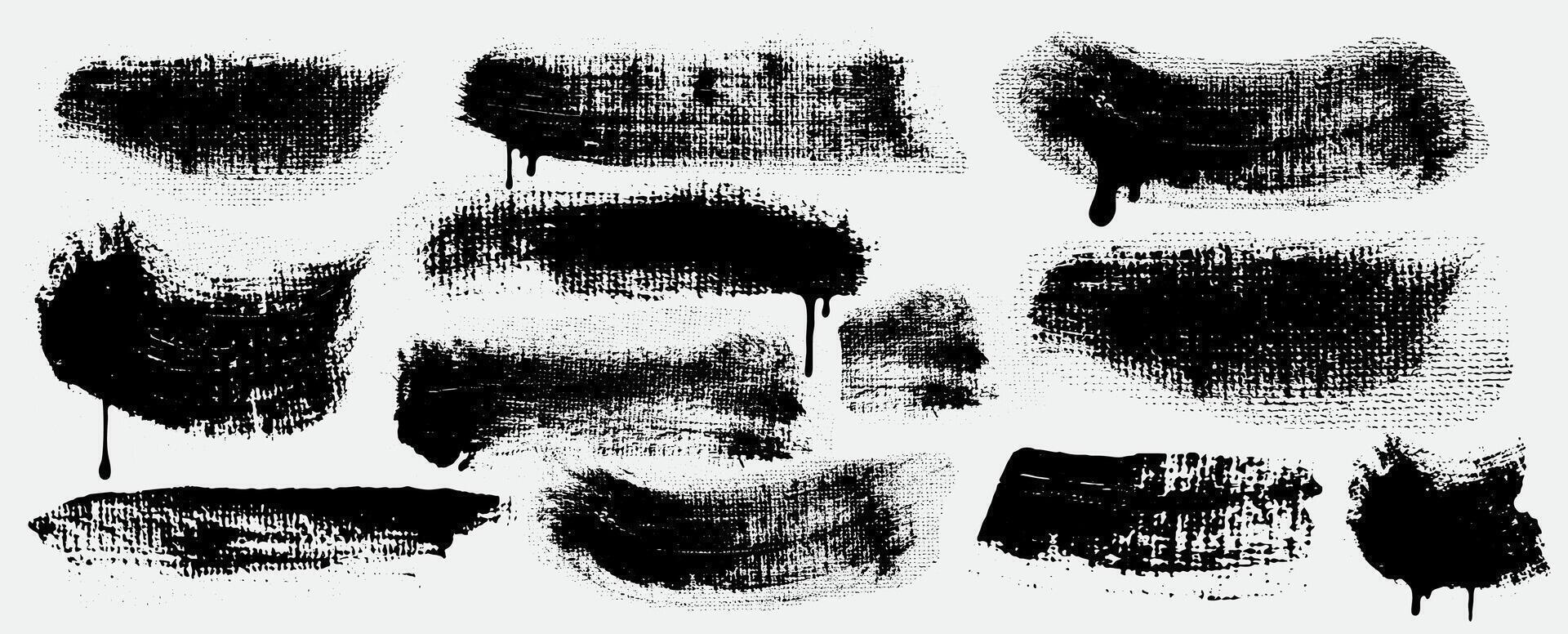 Set of text boxes black brush strokes . Grunge design elements paintbrush collection. Dirty texture banners. Painted rectangles and long strokes. Dry brush paint on canvas. vector