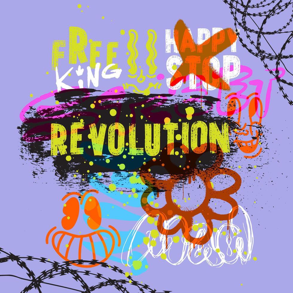 Poster urban typography street art graffiti. Hand drawn change color smile, barbed wire, flower, print with spray splash effect for graphic tee t shirt or sweatshirt. Punk style. vector