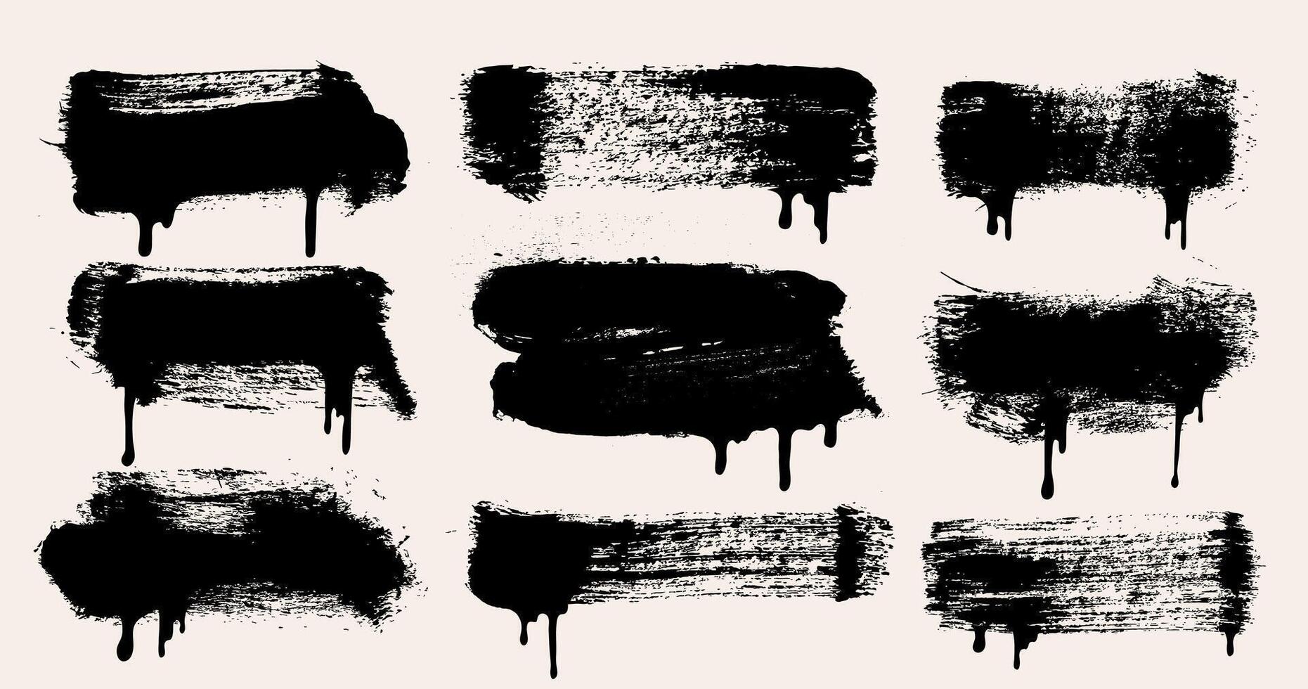 Set of text boxes brush strokes . Paintbrush with drips. Grunge elements. Dirty texture splashes, streaks. Painted rectangles, long and diagonal strokes distressed font with dry brush strokes vector