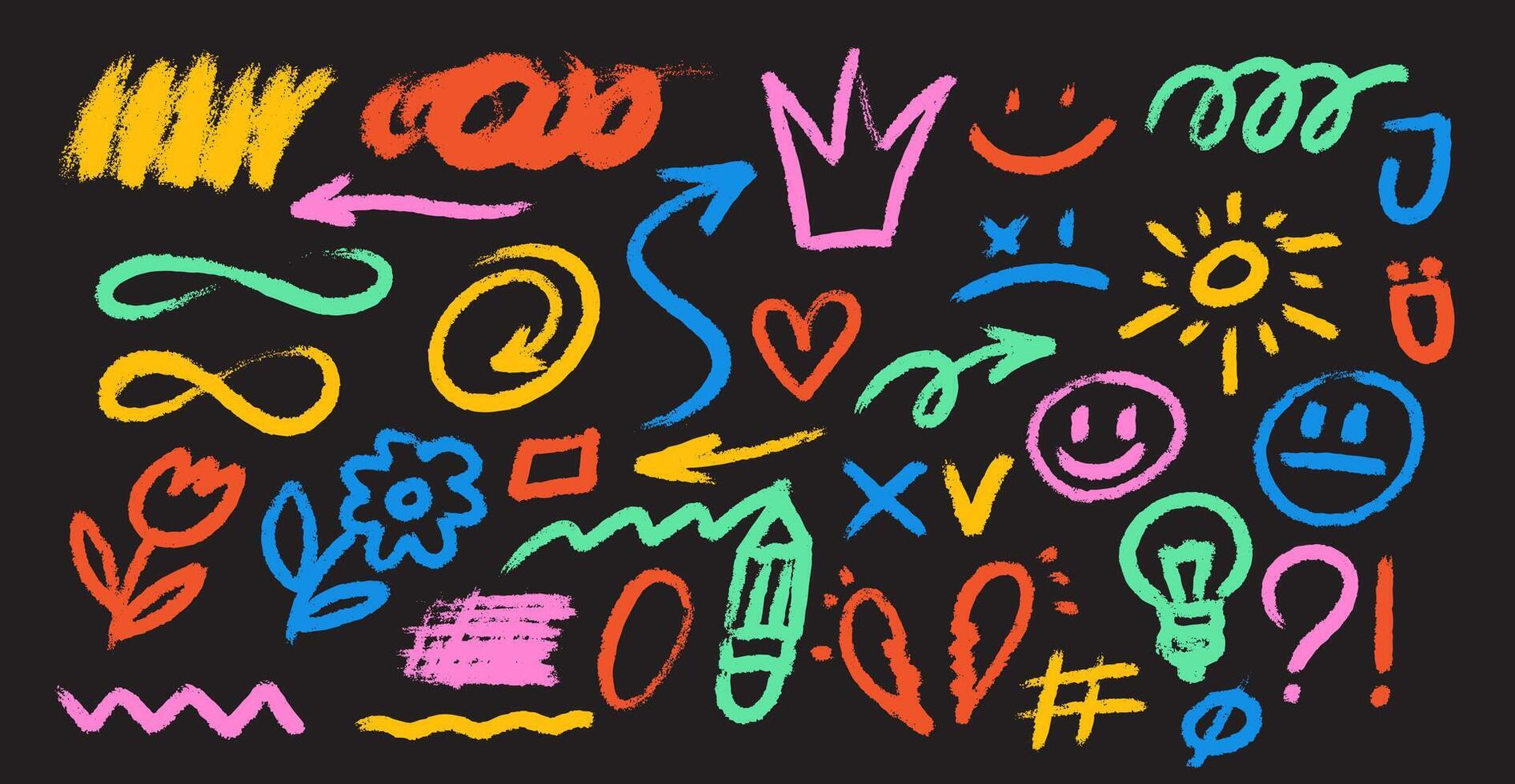 Set of hand drawn white chalk doodle. charcoal pencil curly lines. Chalk drawn elements squiggles, childish abstract shapes. White charcoal, kids stile, abstract design. vector