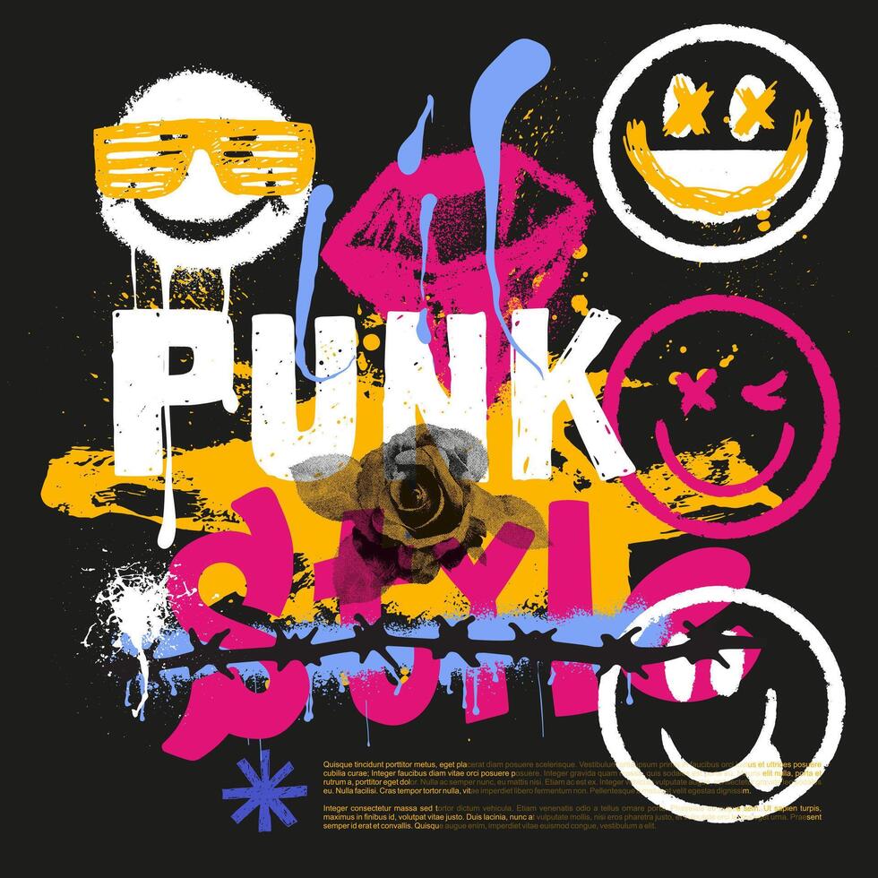 Poster urban typography street art graffiti. Hand drawn change colored rose, diamond, smile, barbed wire, print with spray splash effect for graphic tee t shirt or sweatshirt. Punk style vector