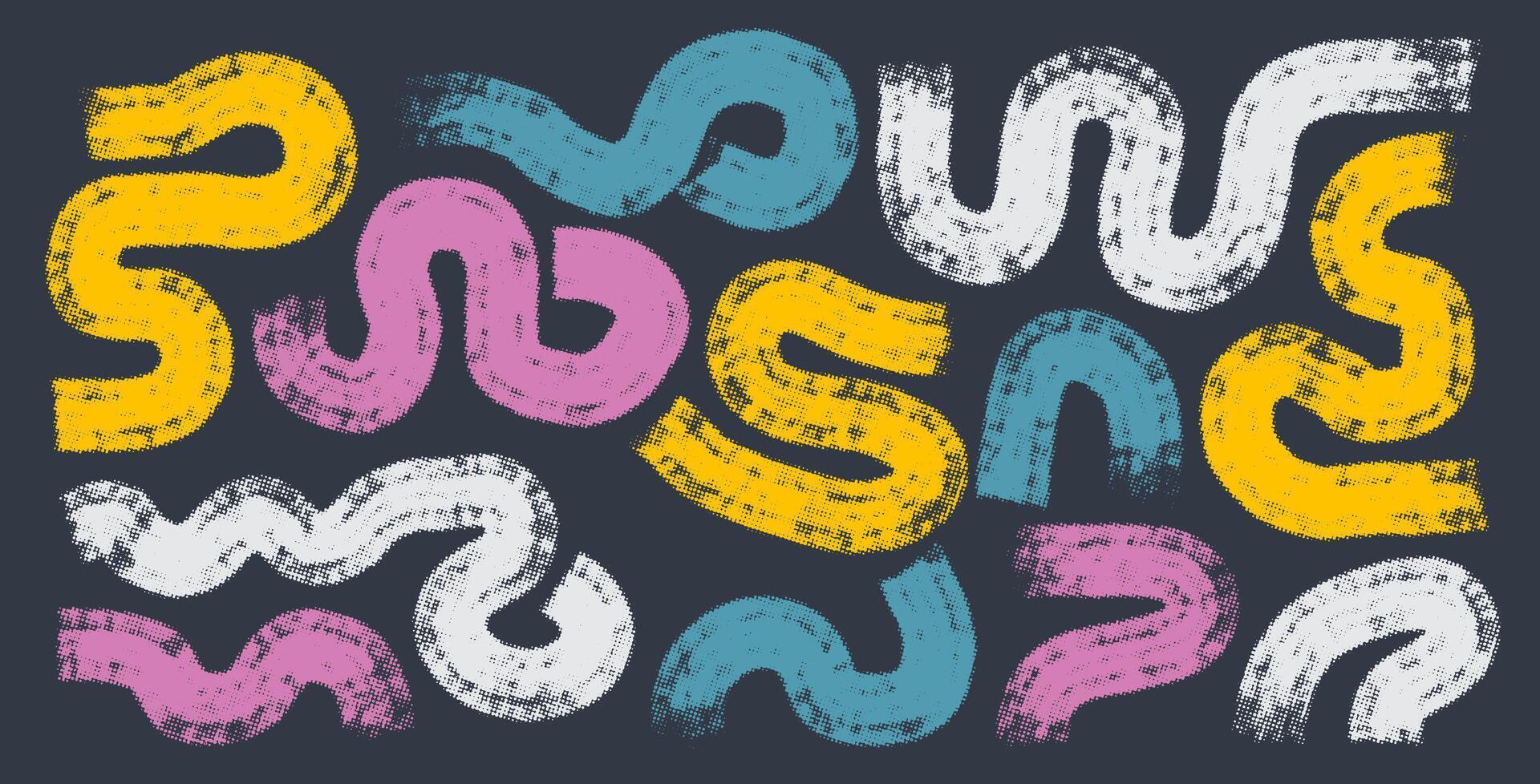 Big set of halftone yellow, blue, pink and white paint brush strokes. Grunge banners. design elements. Hand drawn marker lines, scratched shapes and circle. Textured design elements. vector