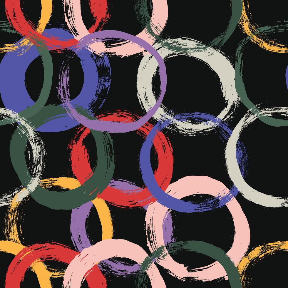 Grunge seamless texture of circles painted with dry paint on canvas. Colored rough paint strokes. Pattern rings, chains, irregular shapes, hand drawn lines. Navy theme, soap bubbles, print, fabric. vector