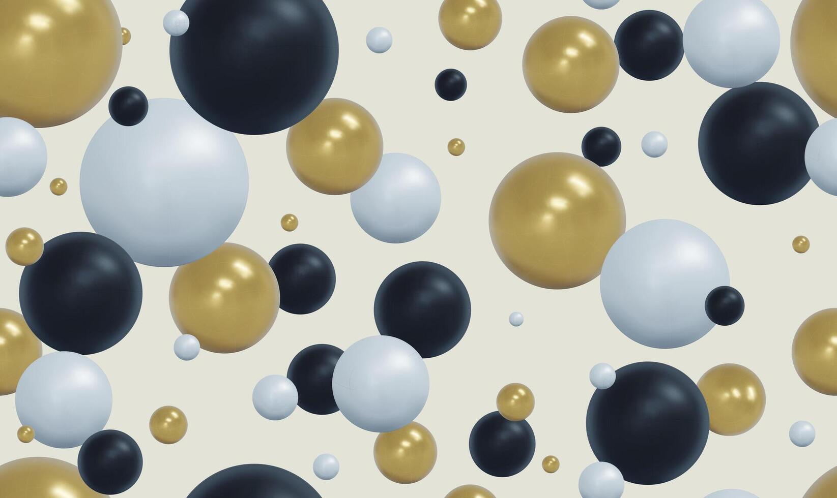 Seamless pattern 3d gold, black and white balls vibrant gradient random soft balls background. Golden, white, black balls in different sizes. seamless pattern on white background. vector
