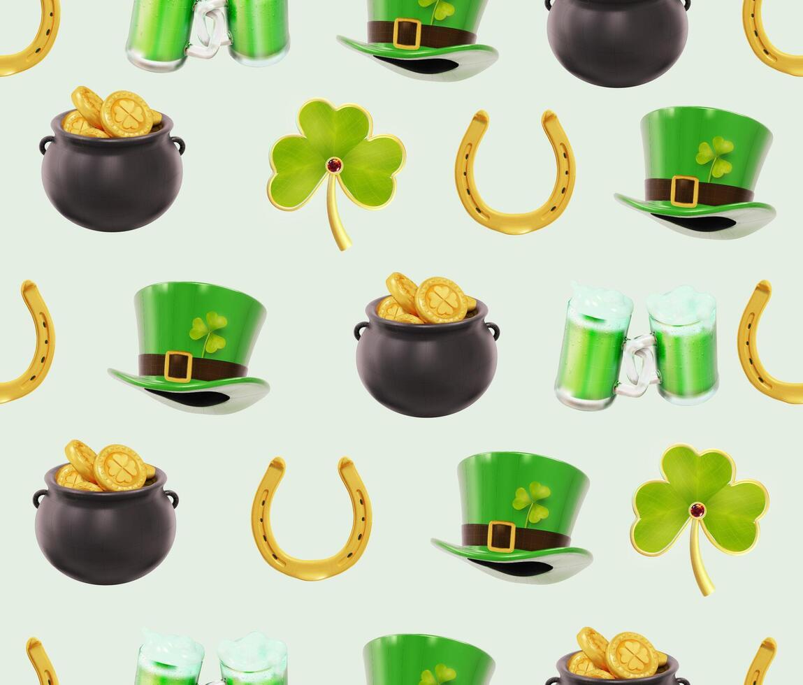 Patrick's Day seamless pattern. repeating background, decorative shamrock leaves and 3d saint seamless Patrick's symbols, festive floral ornament for white wrapping paper. vector
