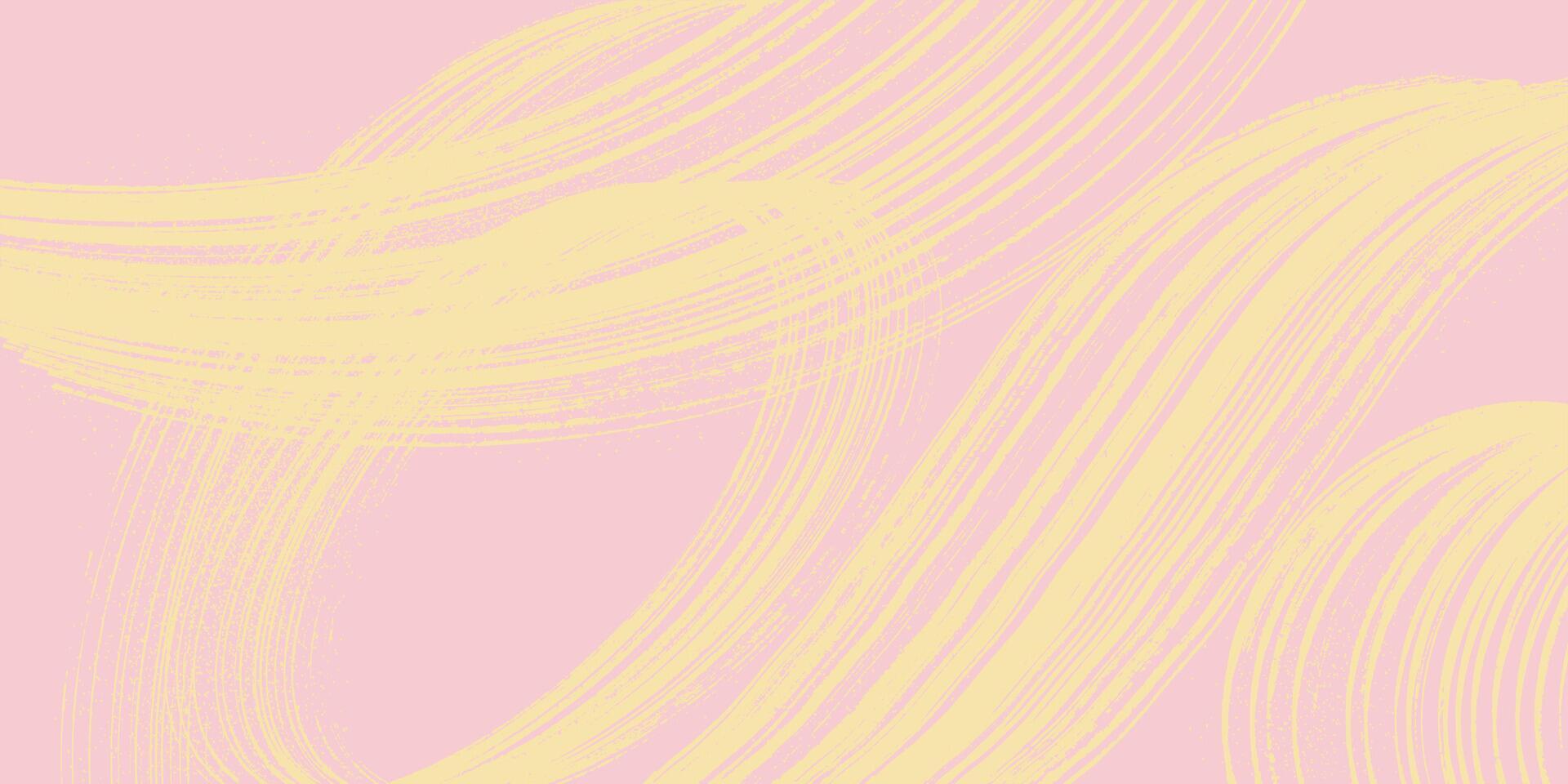 Grainy yellow hand drawn spiral brush stroke with spray texture. Distress damaged edge banner with spiral grunge line. Grainy bold brush strokes, ink pink texture with scattered tiny dots. vector