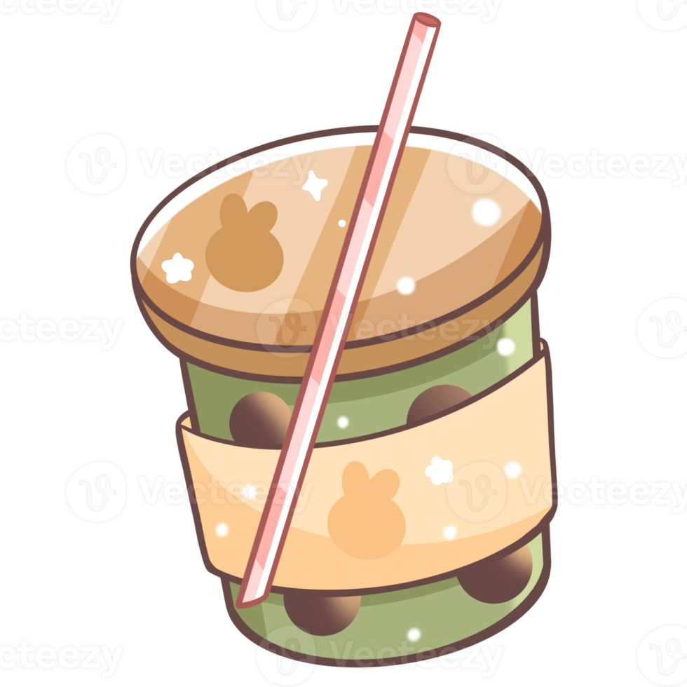 A cup of green tea with a rabbit pattern and a straw png