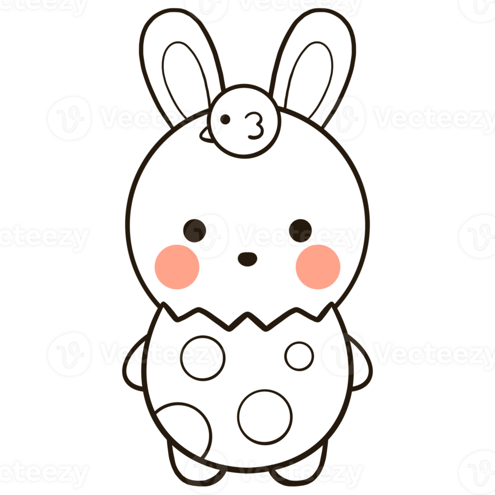 Easter bunny line drawing with polka dots and a chick on its head png