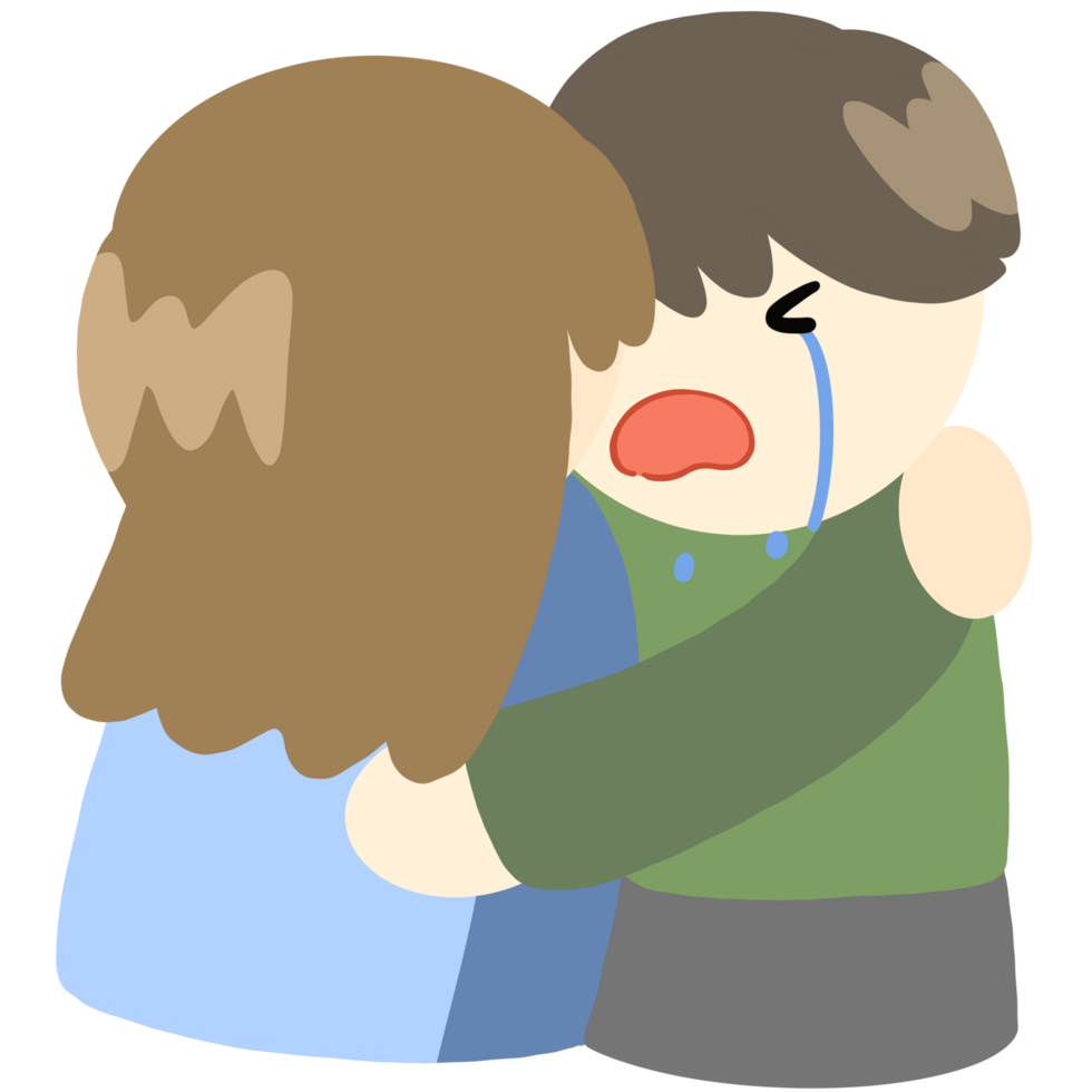 Cartoon clip art of a man crying and being comforted and hugged by a woman. png