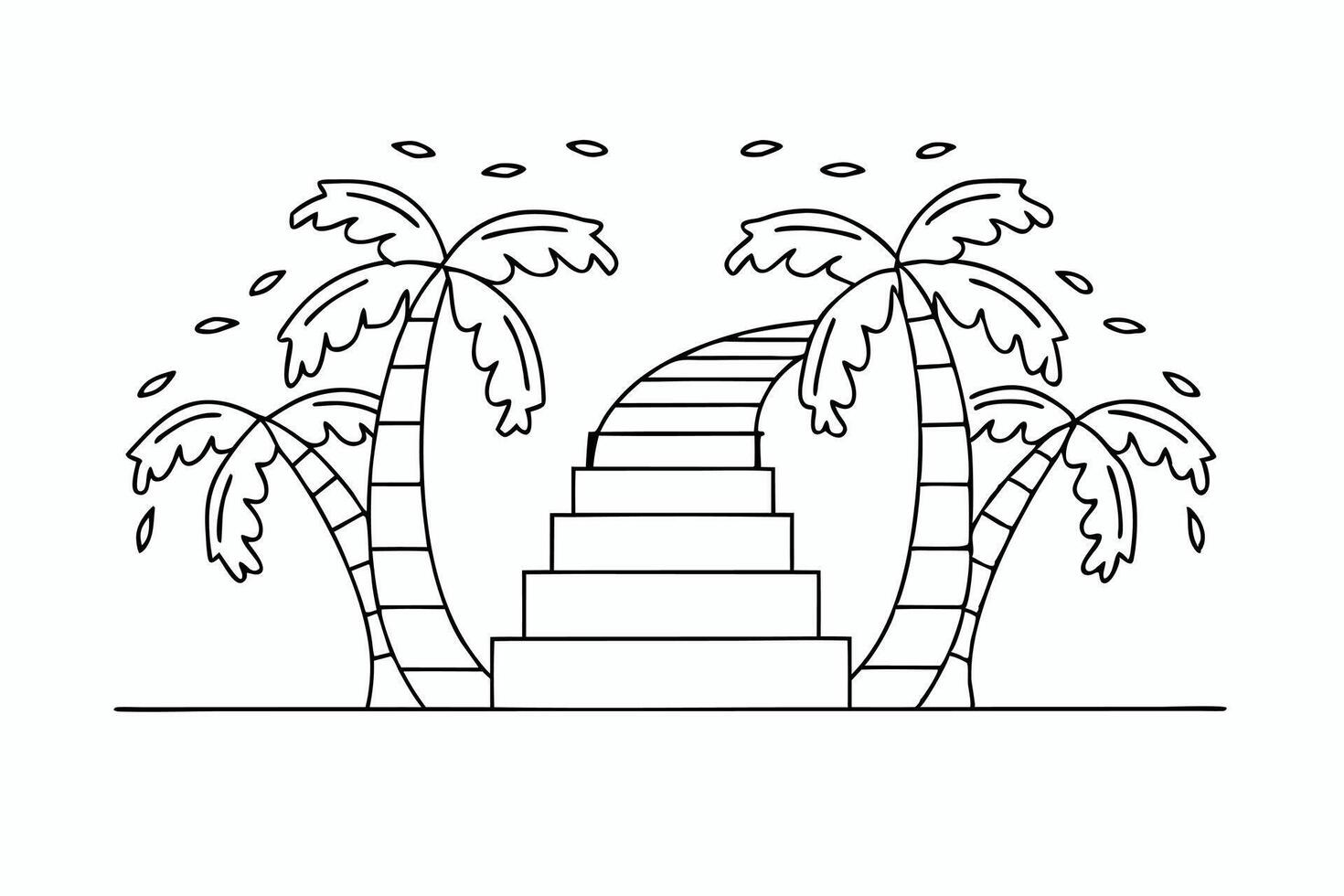 Linear Art Island Paradise with Palms and Steps Design on Transparent Background vector