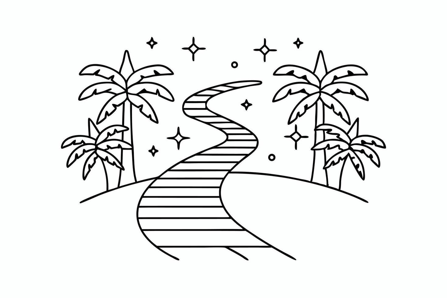 Line art pathway with palm trees and star elements vector