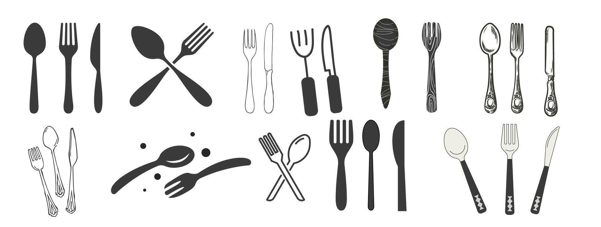 A set of different types of utensils are shown vector