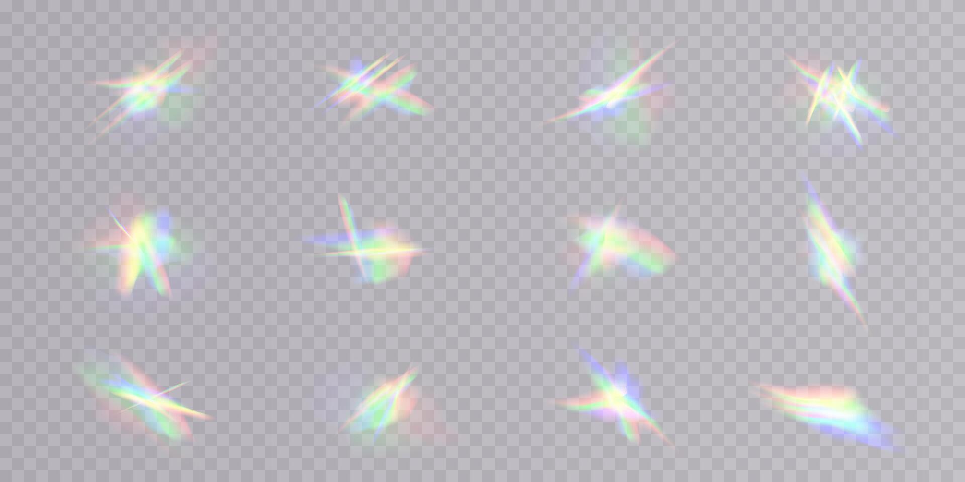A collection showcasing stunning iridescent light reflections and beautiful flare effects in various styles and designs vector