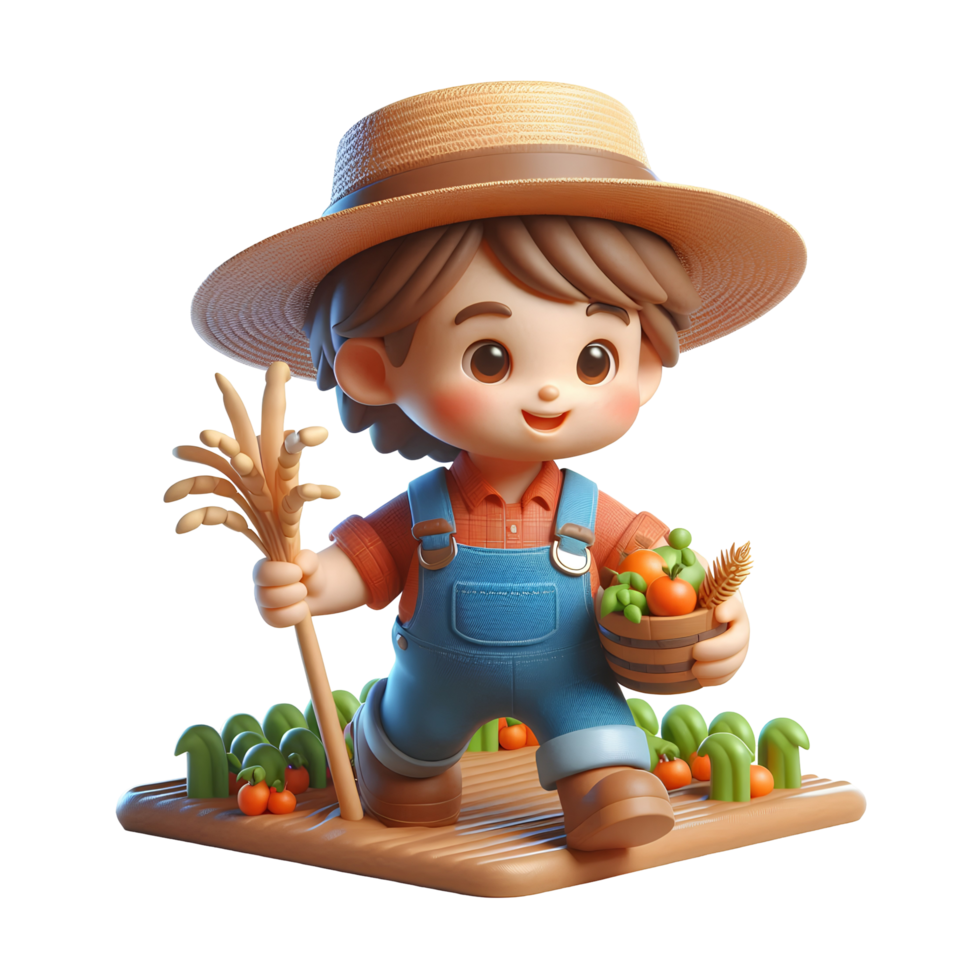 3D cartoon farmer boy character harvesting vegetables in a field with basket and wheat stick, adorable agricultural illustration isolated on transparent background png