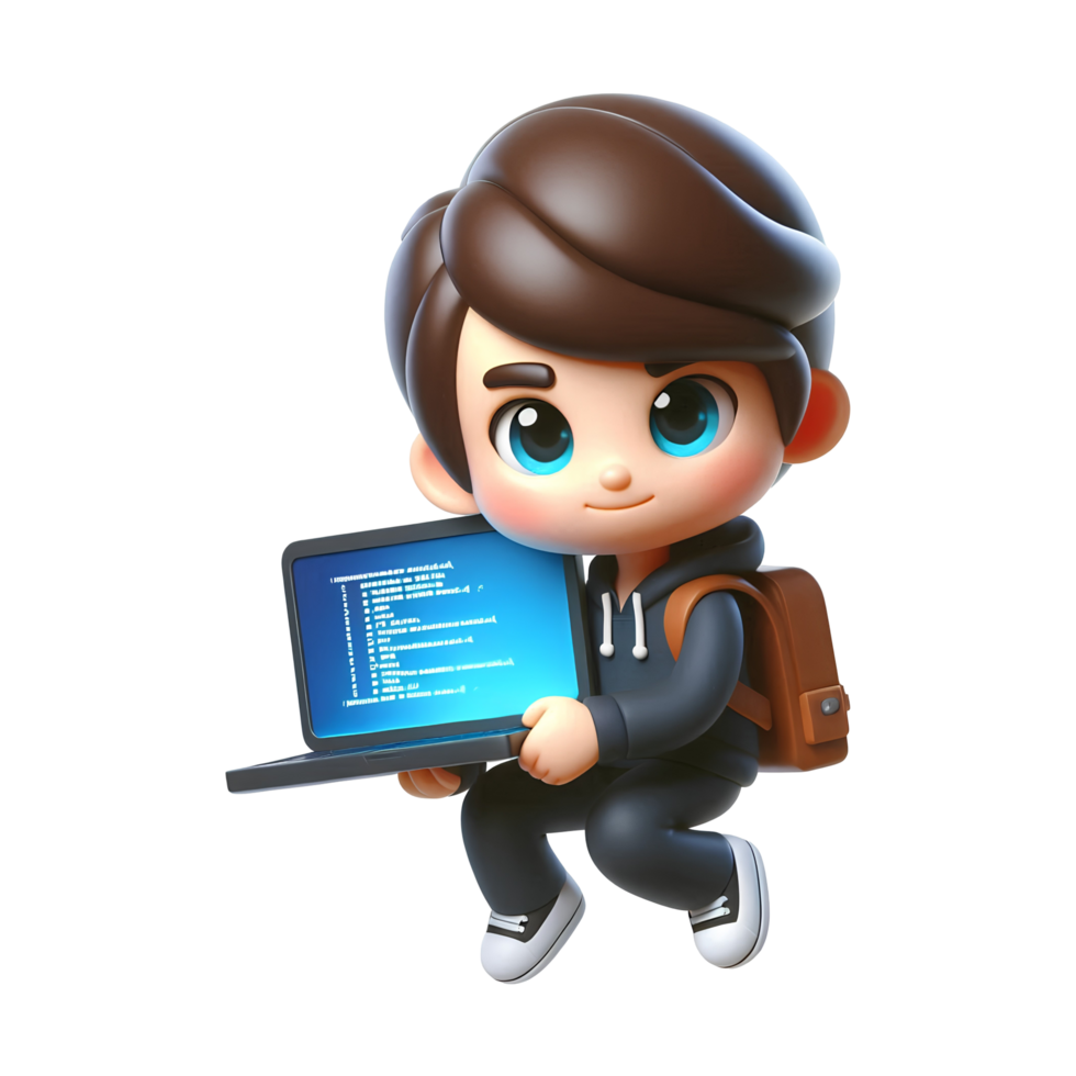 Cute 3D Cartoon Boy Programmer Holding Laptop with Code Adorable Developer Character in Hoodie and Backpack Isolated on Transparent Background png