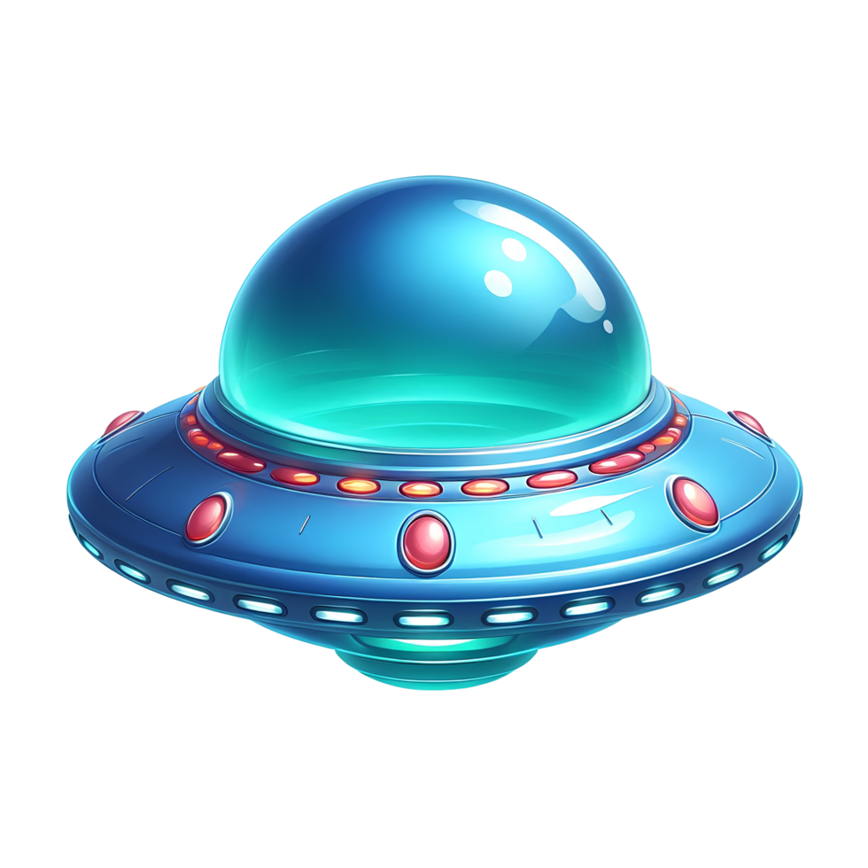 Futuristic 3D UFO spaceship icon isolated on transparent background, shiny alien spacecraft cartoon style for sci-fi games, space exploration, extraterrestrial and fantasy design projects png