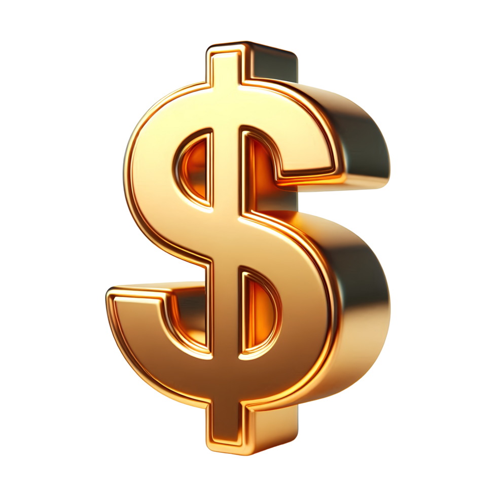 Golden 3D dollar sign icon isolated on transparent background, luxury finance currency symbol for business, banking, fintech, investment, and premium economic design elements png