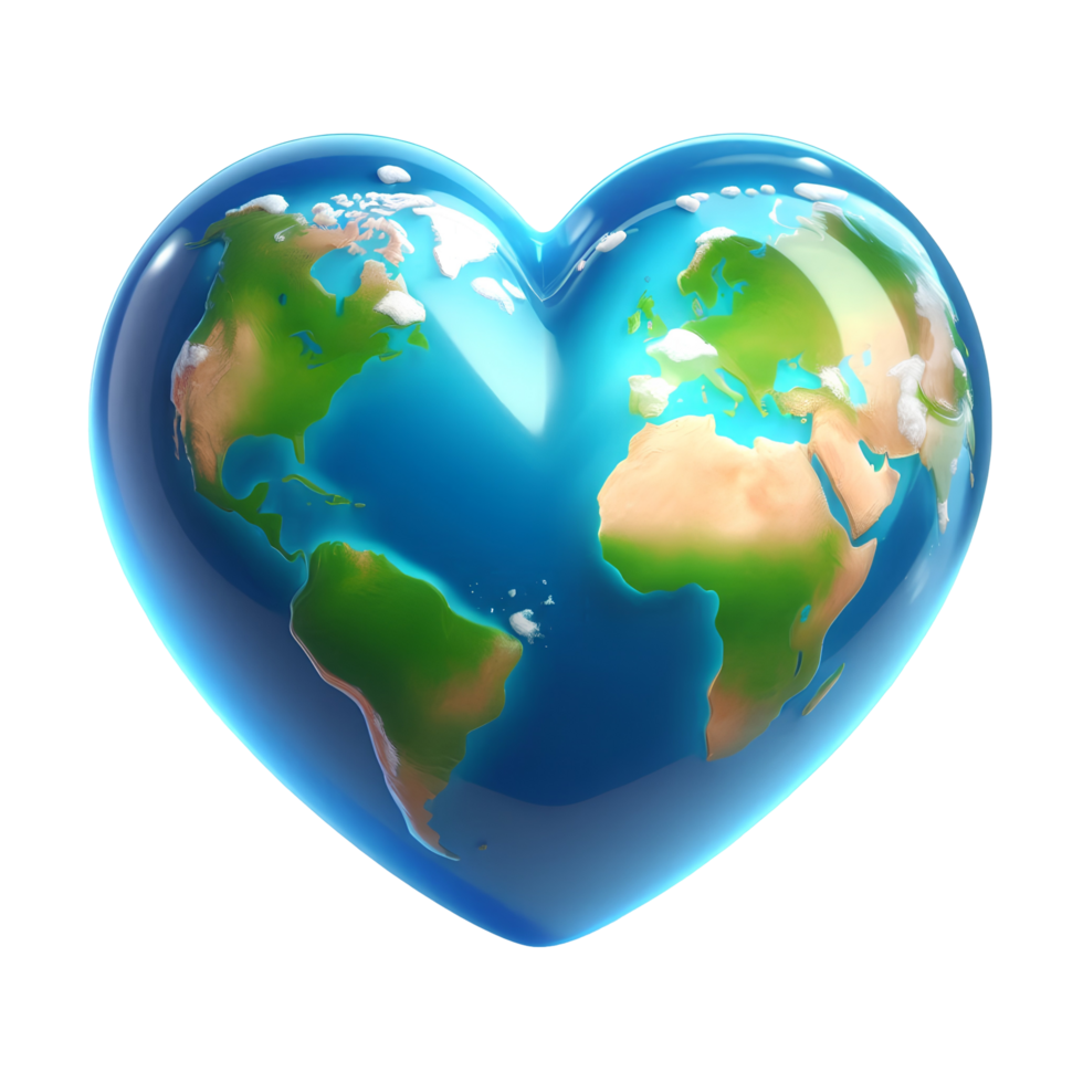 3D heart-shaped Earth globe illustration representing love for the planet and environmental awareness isolated on transparent background for Earth Day or eco-friendly designs png