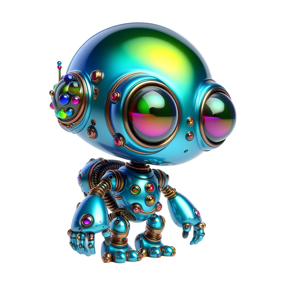 Cute Futuristic Cartoon Robot with Colorful Metallic Design 3D Sci Fi Character with Big Eyes and Antenna Isolated on Transparent Background for Tech and Game Concepts png