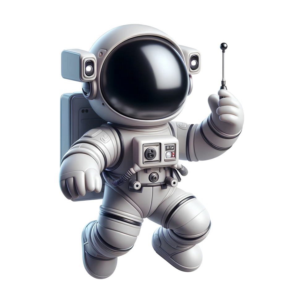 3D Cartoon Astronaut in White Space Suit Holding Antenna Isolated on Transparent Background for Space Exploration Games Educational Materials or Sci Fi Projects png