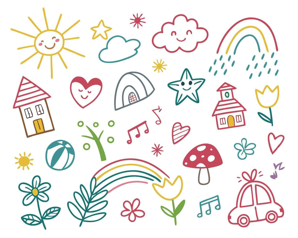 playful nature doodles with sun and clouds vector
