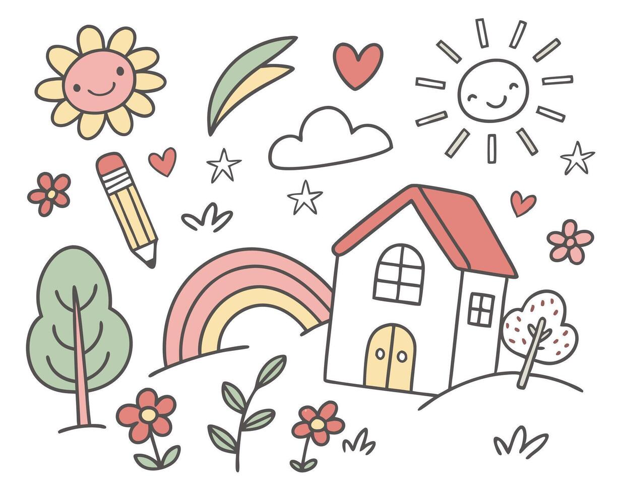 P drawings of trees , house and flowers in crayon vector