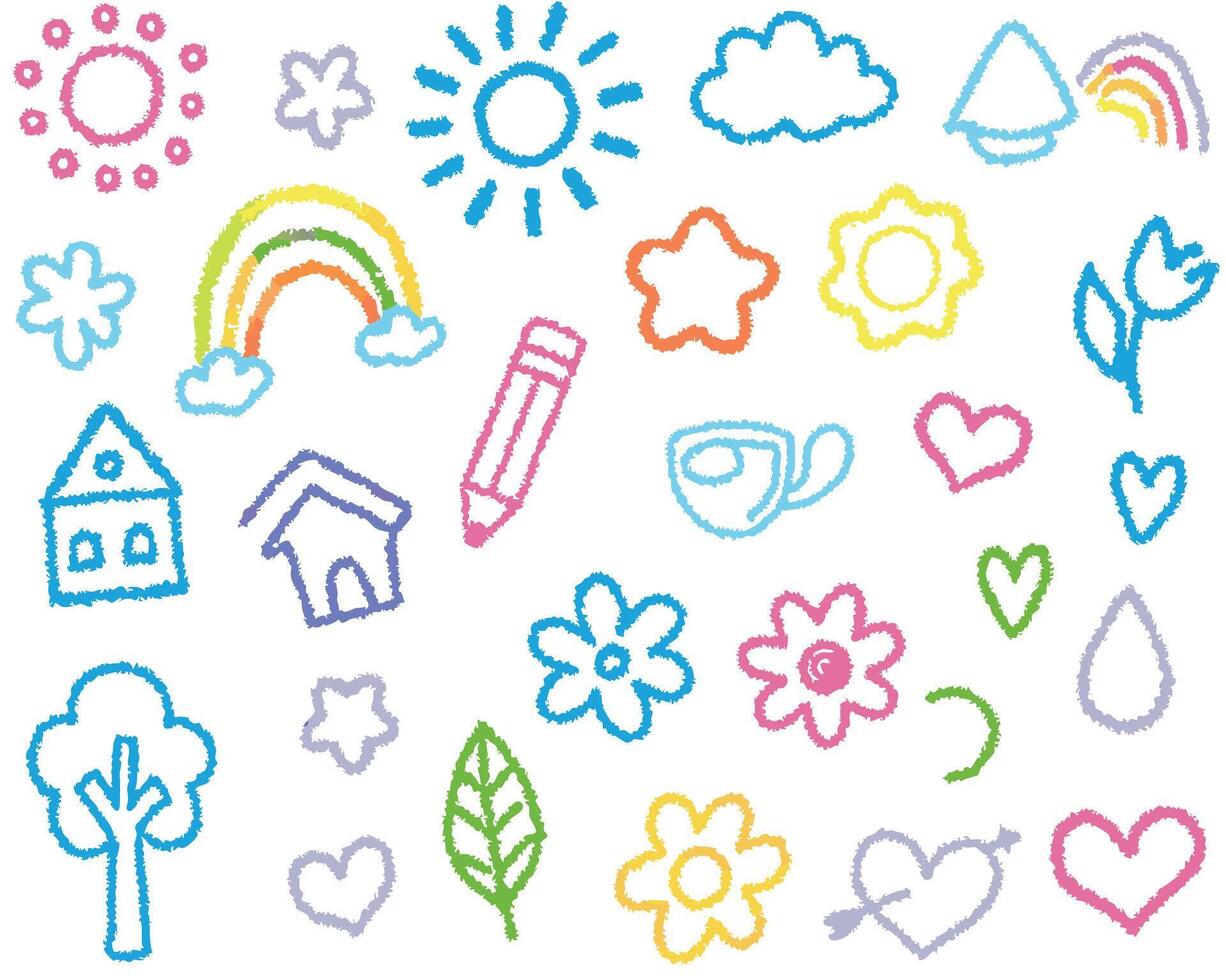 Playful crayon drawings of raindrops, umbrellas, and cloud vector