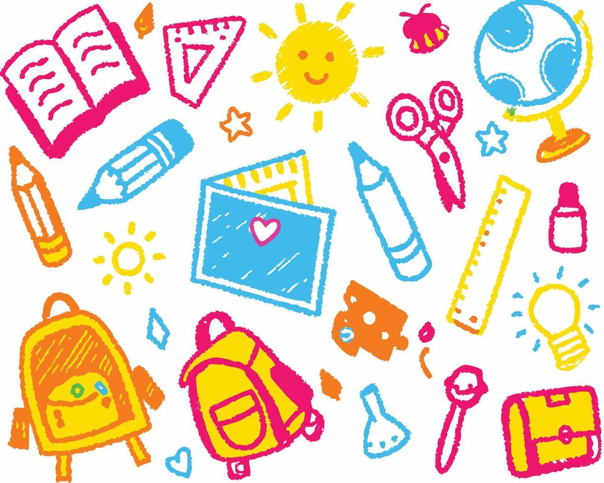 playful drawings of pencils books and backpacks vector