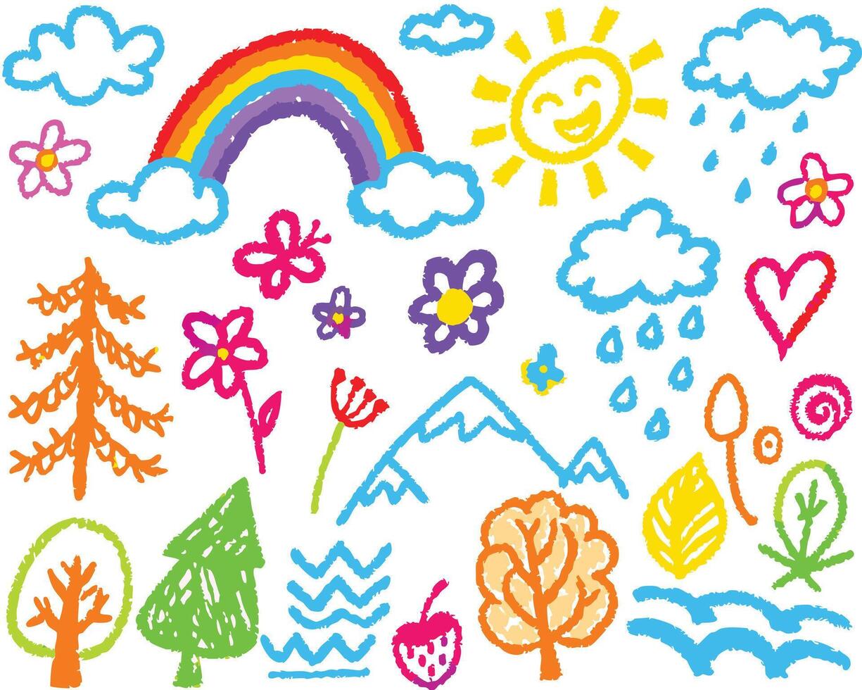 hand drawn illustrations of trees and mountains vector