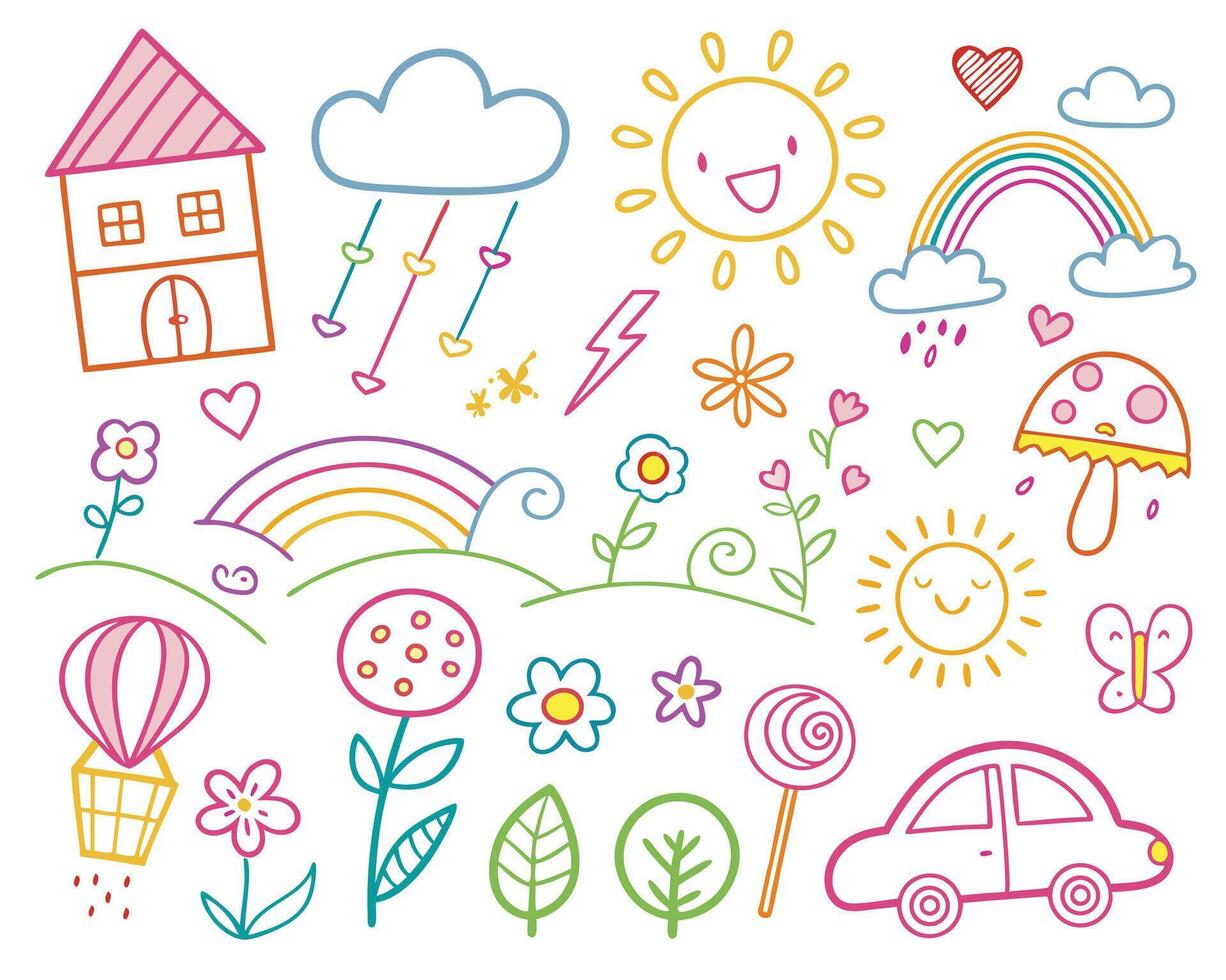 crayon drawings of hearts, stars, and party hats vector