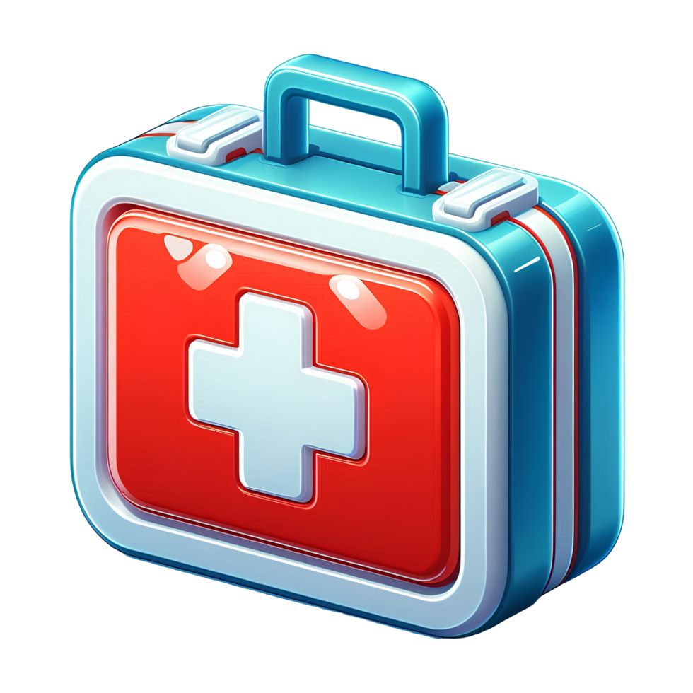 3D Cartoon First Aid Kit with Red Cross Medical Emergency Box Glossy Health Equipment Illustration Isolated on Transparent Background for Healthcare and Game Icons png