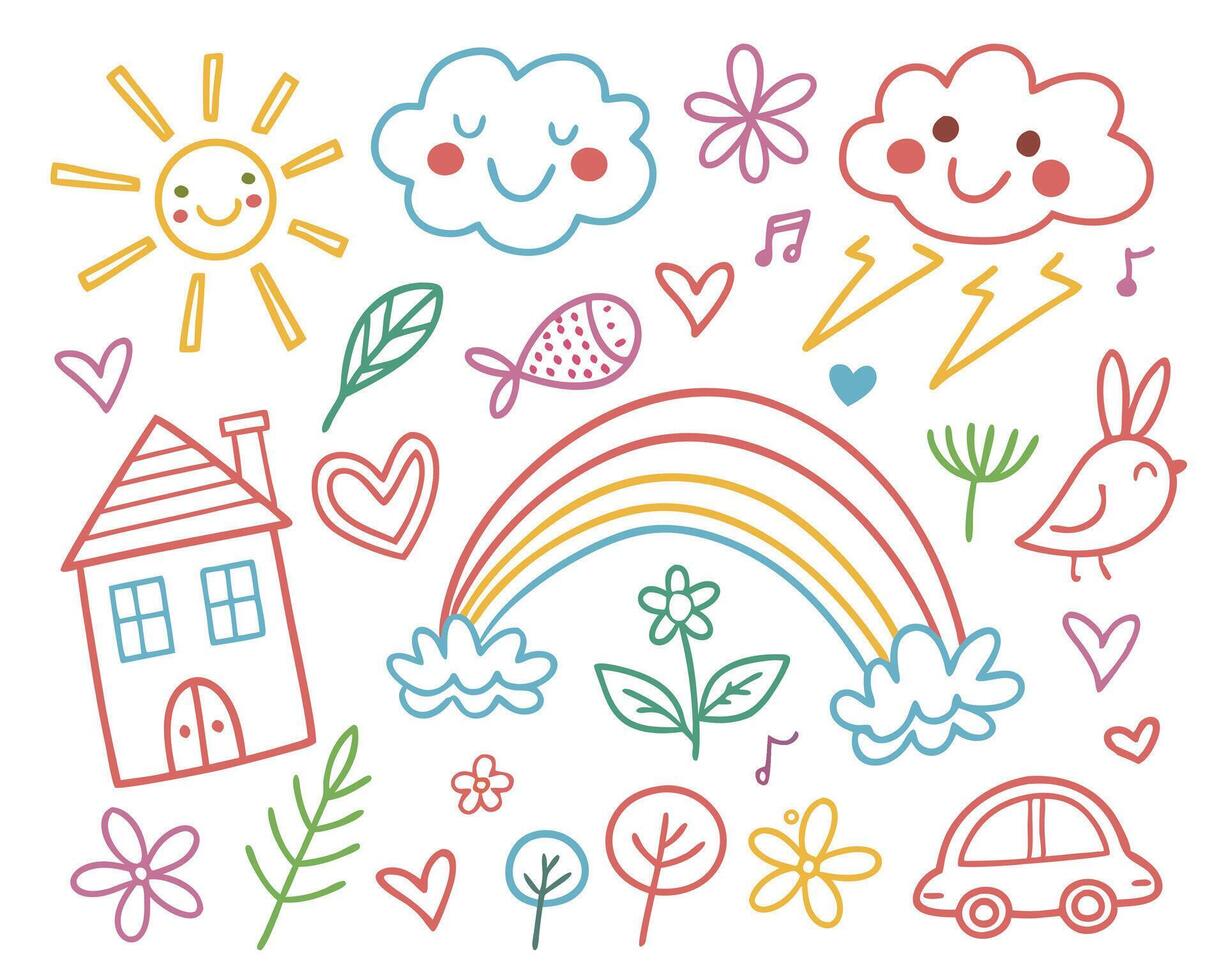 Rainbow and cloud doodles for kids vector