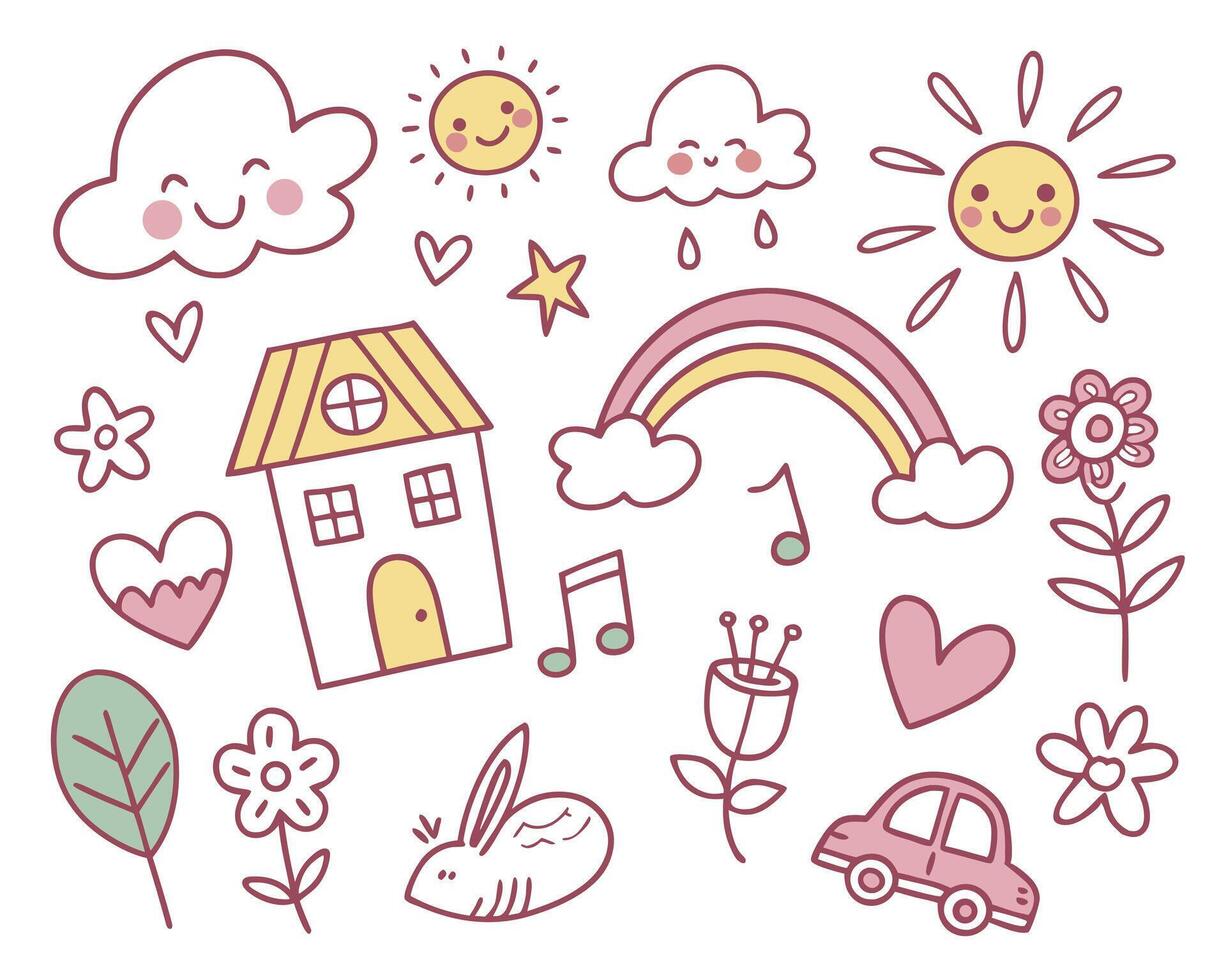 Cheerful crayon sketches of nature and home elements vector