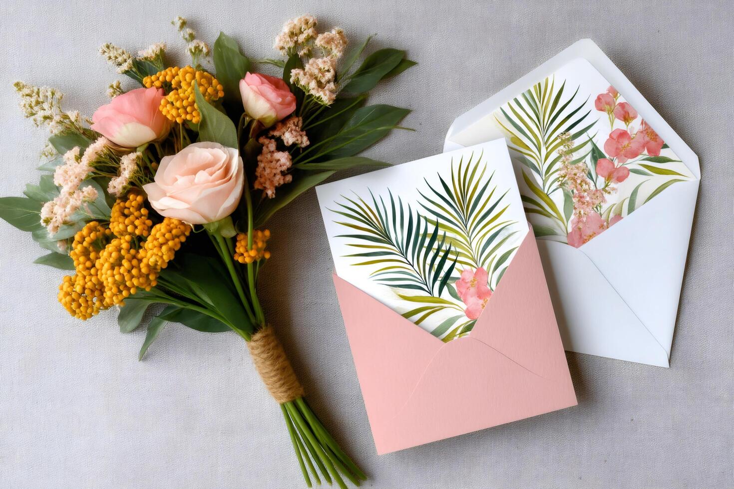 Wedding bouquet with tropical flower invitation cards and envelopes lying on gray fabric photo